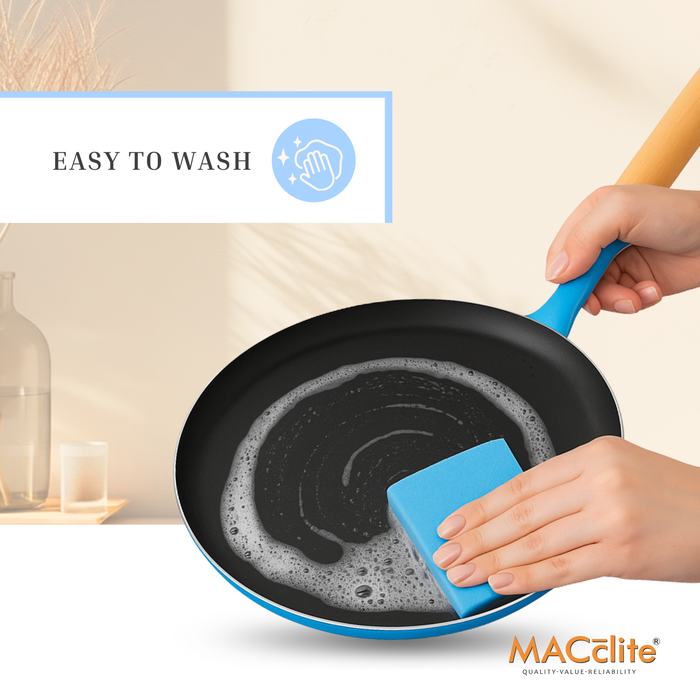MACclite SeasNamel Cast Iron Flat Tawa with Wooden Handle 28cm