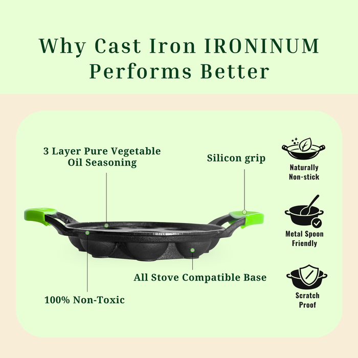Ironium Cast Iron Pre-Seasoned Round Heavy Panniyarkal 09 Pits With 2 Side Handle and Silicone Grips