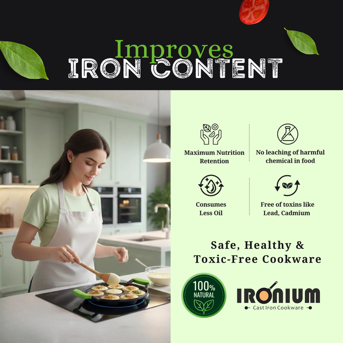 Ironium Cast Iron Pre-Seasoned Round Heavy Panniyarkal 09 Pits With 2 Side Handle and Silicone Grips