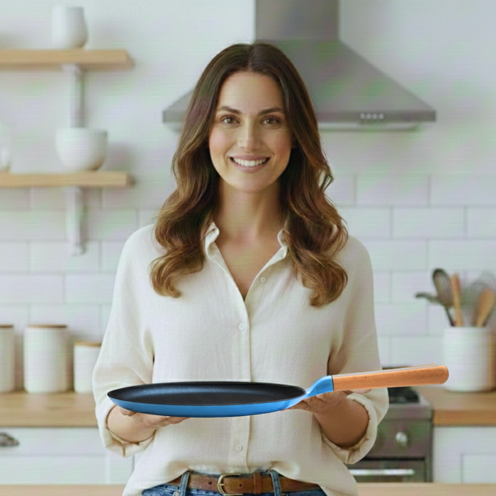 MACclite SeasNamel Cast Iron Flat Tawa with Wooden Handle 28cm