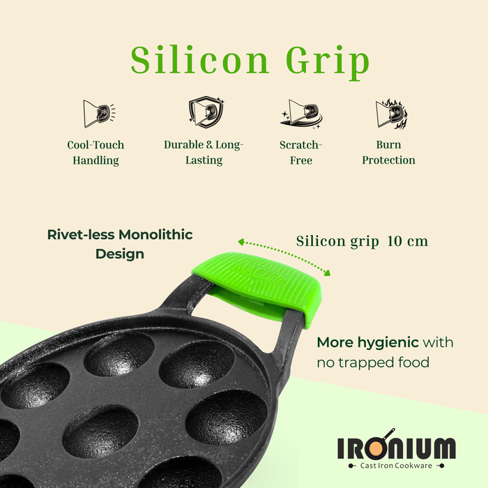Ironium Cast Iron Pre-Seasoned Round Heavy Panniyarkal 09 Pits With 2 Side Handle and Silicone Grips