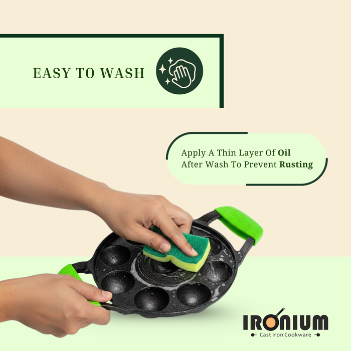 Ironium Cast Iron Pre-Seasoned Round Heavy Panniyarkal 09 Pits With 2 Side Handle and Silicone Grips