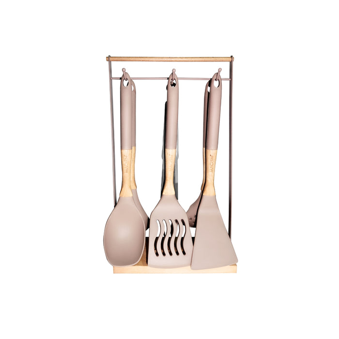 ButterScotch Silicone Kitchen Tool Set With Alpine Wooden Stand 7 Pc Set (Stand, Skimmer, Spoon,Laddle,Turnner, Slotted Turner,Tong)