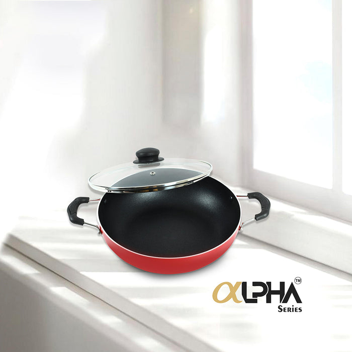 Alpha Non Stick Kadai with Glass Lid, 24cm Dia, 2.5 Liters, Induction Base