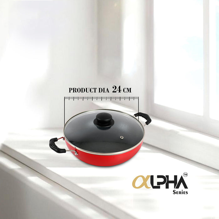 Alpha Non Stick Kadai with Glass Lid, 24cm Dia, 2.5 Liters, Induction Base