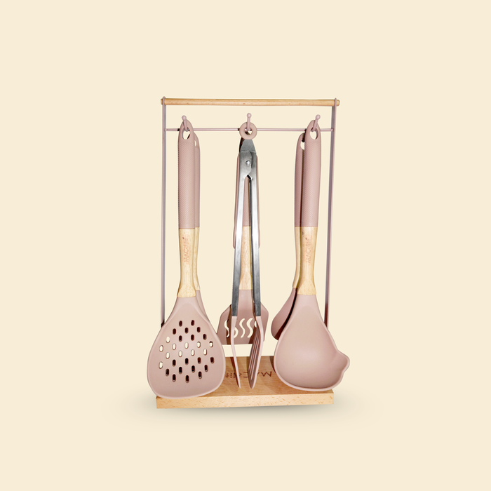 Butter Scotch Silicone Kitchen Tool Set With Alpine Wooden Stand 7 Pc Set (Stand, Skimmer, Spoon,Laddle,Turnner, Slotted Turner,Tong)