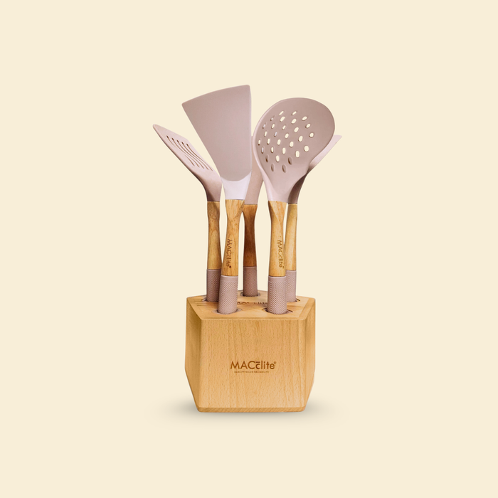 Butter Scotch Silicone Kitchen Tool Set With Pentagon Wooden Stand 6 Pc Set (Stand, Skimmer, Spoon,Laddle,Turner, Slotted Turner)