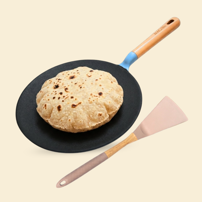 MACclite SeasNamel Cast Iron Concave Tawa with Wooden Handle 26cm
