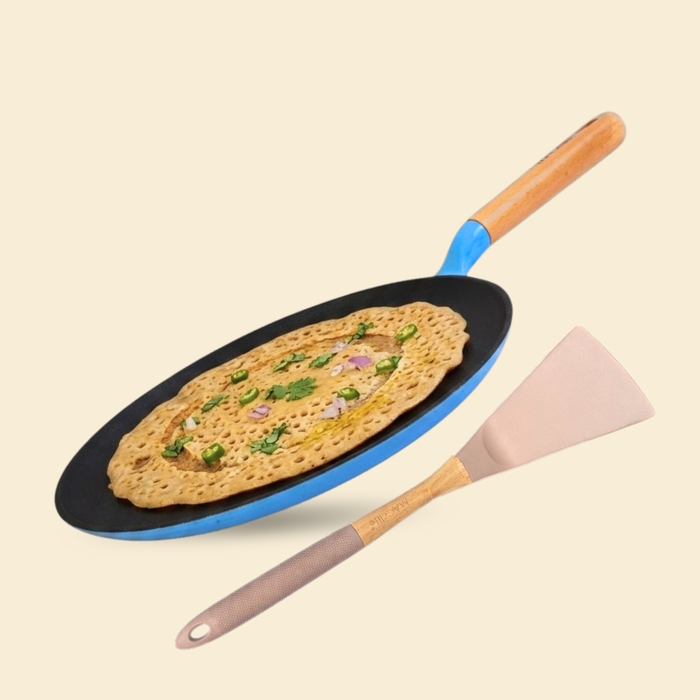 MACclite SeasNamel Cast Iron Flat Tawa with Wooden Handle 28cm