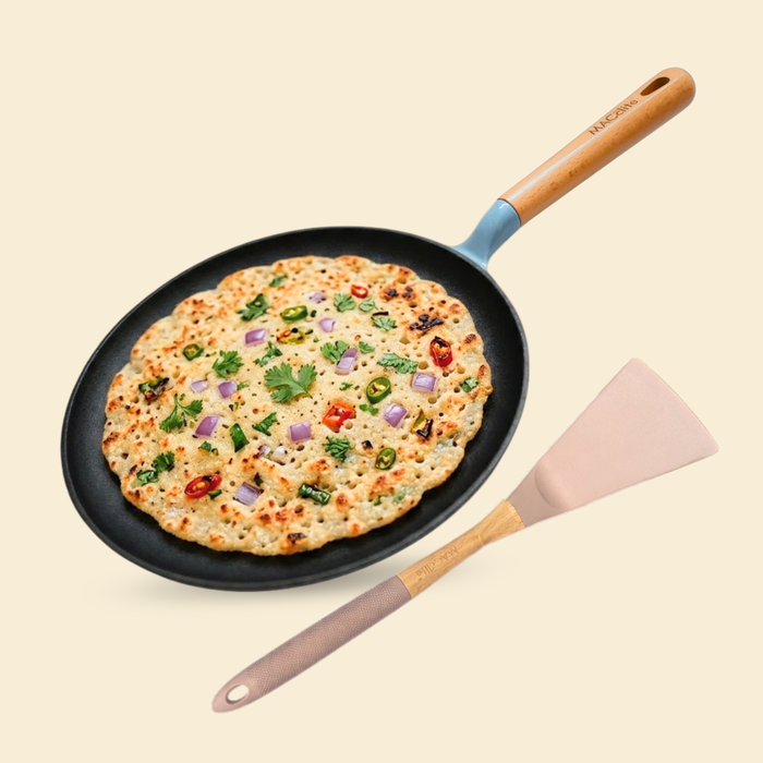 MACclite SeasNamel Cast Iron Flat Tawa with Wooden Handle 28cm