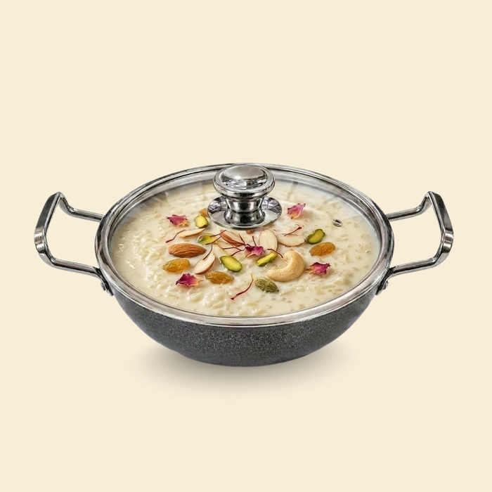 Hippo Reinforced Ceramic Non Stick Flat Base Kadai With Lid 24 cm