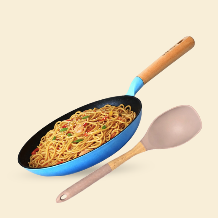 MACclite SeasNamel Cast Iron Frying Pan with Wooden Handle 20cm