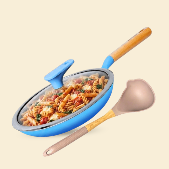 MACclite SeasNamel Cast Iron Frying Pan with Wooden Handle 20cm With Glass Lid