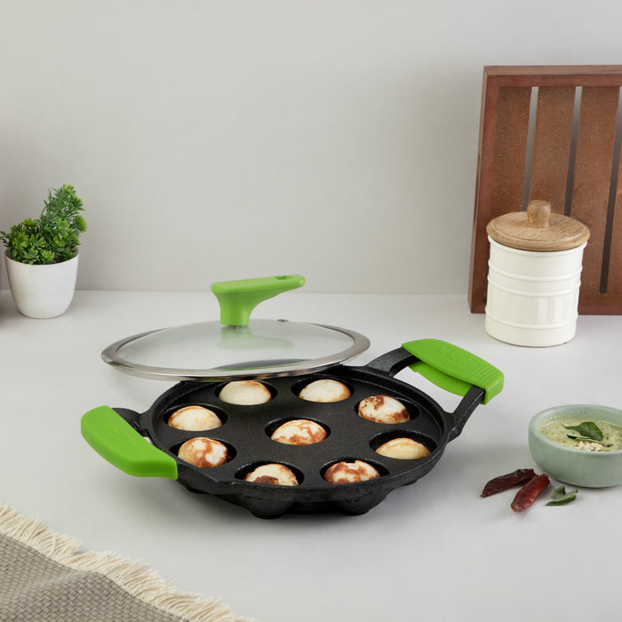 IRONIUM Pre Seasoned Cast Iron Appe Pan 9 Cavity with Glass Lid and Long Side Handle with Silicon Grips